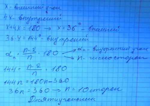 Зовнішній кут правильного многокутника становить 1/4 внутрішнього. знайдіть кількість сторін цього м