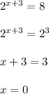 2^{x+3}=8\\ \\ 2^{x+3}=2^3\\ \\ x+3=3\\ \\ x=0