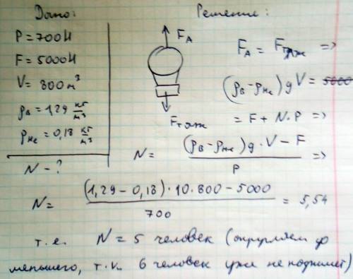Сколько человек весом по 700н могут подняться на воздушном шаре объемом 800м3, наполненом гелием, ес