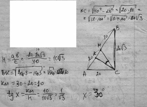 Гипотенуза прямоугольгого треугольника 40 см а один из катетов 20 см найдите велечену угла между выс