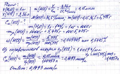 В1 литре воды растворили 3.36 литров хлороводорода измеренного при (н.у) какова молярная концентраци