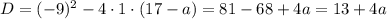 D=(-9)^2-4\cdot 1\cdot(17-a)=81-68+4a=13+4a