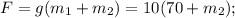 F=g(m_1+m_2)=10(70+m_2);