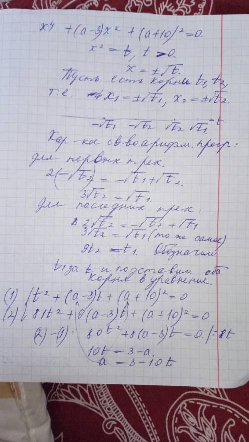 Х^4+(а-3)х^2+(а+10)^2=0 при каких а уравнение имеет четыре корня, образующие арифметическую прогресс