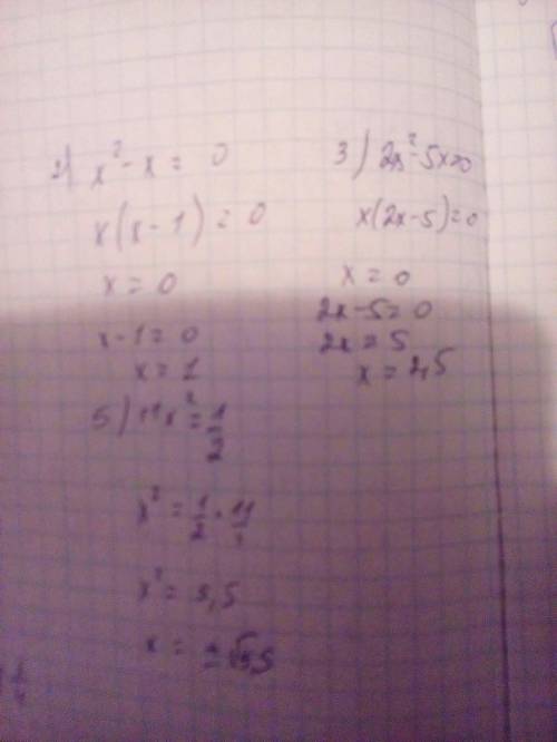 Решите неполные квадратные уравнения 1. х^2 + 2x = 0 2. x^2 - x = 0 3. 2 x^2 - 5x = 0 4. 4 x^2 + 7x