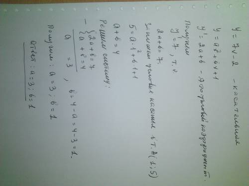 При каких a и b прямая y = 7x – 2 касается графика функции y = ax2 + bx + 1 в точке а(1; 5)