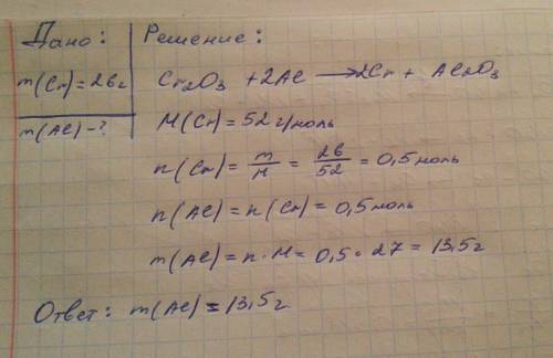 Для получения 26г хрома из оксида хрома 3 алюмотермическим методом необходимо взять навеску алюминия