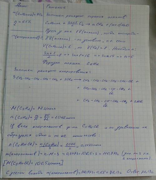 Алкан, для сгорания которого требуется объем кислорода в 8 раз больше объема паров алкана, подвергли