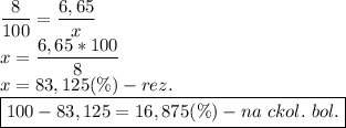 \dfrac{8}{100} =\dfrac{6,65}{x}\\x= \dfrac{6,65*100}{8}\\x=83,125(\%)-rez.\\\boxed{100-83,125=16,875(\%)-na\ ckol.\ bol.}