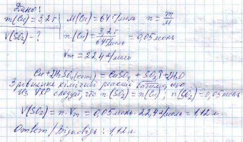 Який об'єм сульфур оксиду утвориться під час взаємодії 3,2г міді з конц сульфатною кислотою взятою в