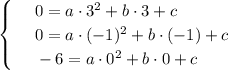 \begin{cases}&#10; & \text{ } 0=a\cdot 3^2+b\cdot 3+c \\ &#10; & \text{ } 0=a\cdot(-1)^2+b\cdot(-1)+c \\ &#10; & \text{ } -6=a\cdot 0^2+b\cdot 0+c &#10;\end{cases}