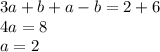 3a+b+a-b=2+6\\ 4a=8\\ a=2