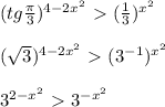 (tg \frac{\pi}{3} )^{4-2x^2}\ \textgreater \ ( \frac{1}{3} )^{x^2}\\ \\ (\sqrt{3} )^{4-2x^2}\ \textgreater \ (3^{-1})^{x^2}\\ \\ 3^{2-x^2}\ \textgreater \ 3^{-x^2}