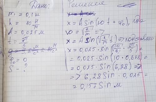 Грузик с массой 0,1 кг подвешенный на пружине жесткостью 10 н/м совершает синусоидальные гармоническ