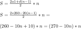 S= \frac{2a1+d(n-1)}{2} *n \\ \\ S= \frac{2*260-20(n-1)}{2} *n= \\ \\ (260-10n+10)*n=(270-10n)*n &#10;&#10;