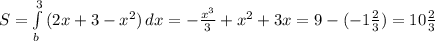 S = \int\limits^3_b {(2x+ 3-x^2)} \, dx = - \frac{x^3}{3}+x^2+3x =9 - (-1 \frac{2}{3})=10 \frac{2}{3}