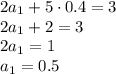 2a_1+5\cdot0.4=3\\ 2a_1+2=3\\ 2a_1=1\\ a_1=0.5