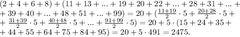 (2+4+6+8)+(11+13+...+19+20+22+...+28+31+...+\\ +39+40+...+48+51+...+99)=20+(\frac{11+19}{2}\cdot5+\frac{20+28}{2}\cdot5+\\ +\frac{31+39}{2}\cdot5+\frac{40+48}{2}\cdot5+...+\frac{91+99}{2}\cdot5)=20+5\cdot(15+24+35+\\ +44+55+64+75+84+95)=20+5\cdot491=2475.