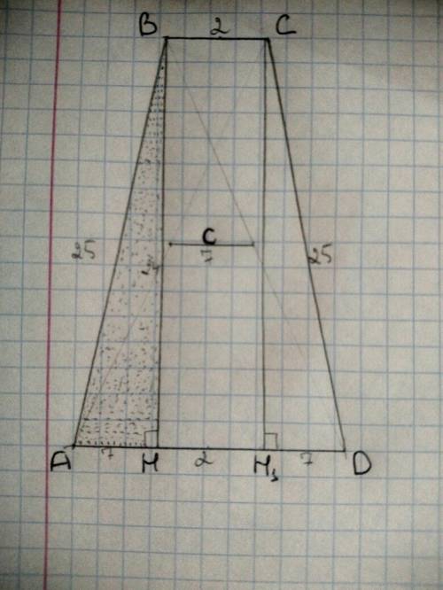 Вравнобедренной трапеции боковая сторона равна 25, большее основание - 16, а расстояние между середи