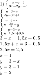 1) \left \{ {{x+y=3} \atop {3x-2y=-1}} \right. \\ \left \{ {{y=3-x} \atop {2y=3x+1}} \right. \\ \left \{ {{y=3-x} \atop {y= \frac{3x}{2}+ \frac12 }} \right. \\ \left \{ {{y=3-x} \atop {y=1,5x+0,5}} \right. \\ 3-x=1,5x+0,5\\ 1,5x+x=3-0,5\\ 2,5x=2,5\\ x=1\\ y=3-x\\ y=3-1\\ y=2