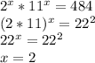 2^x*11^x=484 \\ (2*11)^x=22^2 \\ 22^x=22^2 \\ x=2