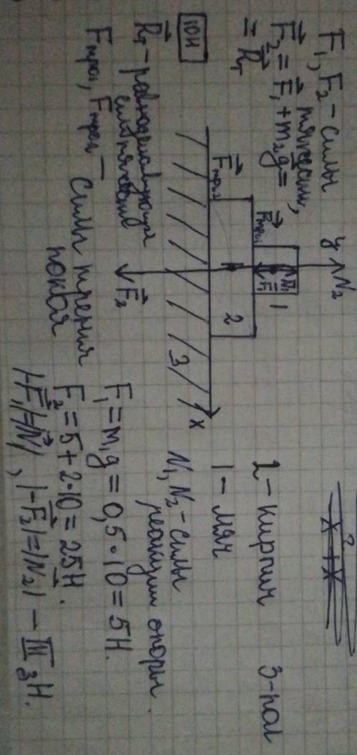 На полу лежит кирпич, массой 2кг, а на кирпиче лежит мяч, массой 500г! изобразите на рисунке все сил