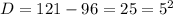 D = 121-96 = 25 =5^2