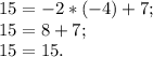 15=-2*(-4)+7; \\ &#10;15=8+7; \\ &#10;15=15.