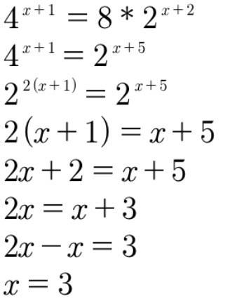 Решите уравнение 4^(x+1) = 8*2^(x+2) если что скобки не надо ставить это я указал . что там степень