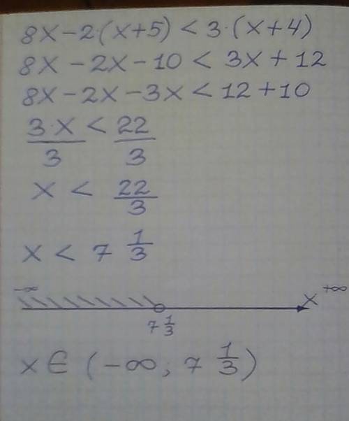 8x-2(x+5)< 3(x+4) решить неравенство и указать число