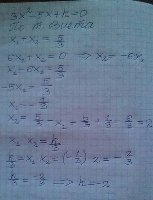 Если 3x^2-5x+k=0 и 6x1 + x2 = 0 найти к