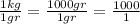 \frac{1 kg}{1gr} = \frac{1000gr}{1gr} = \frac{1000}{1}