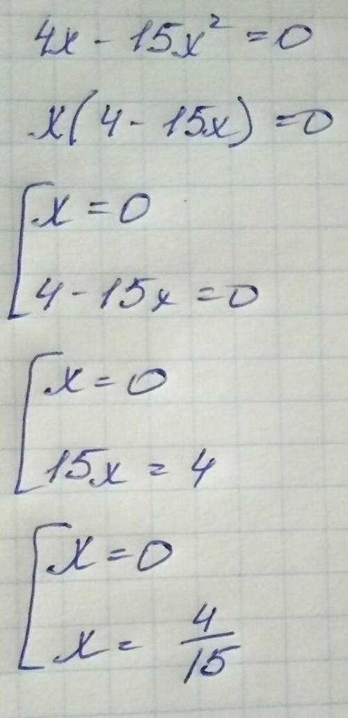 Решите уравнение: 4x-15x^2=0 кому не сложно напишите на листочке и скиньте фотографию, заранее .