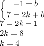 \displaystyle \left \{ {{-1=b} \atop {7=2k+b}} \right. \\ 7=2k-1\\ 2k=8\\ k=4