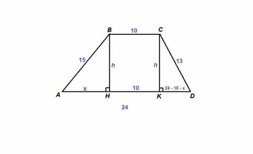 Основи трапеції дорівнюють 10см і 24см, а бічні сторони 15см і 13см. знайти площу трапеції. !
