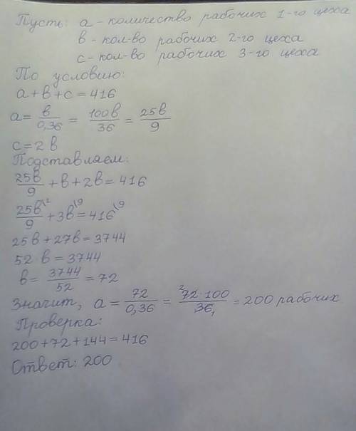 Втрёх цехах 416 рабочих числа рабочих второго цеха составляет 36 % числа рабочих первого цеха а в тр