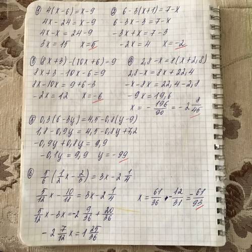 Решить рівняння 1) 4(x-6)=x-9 2)6-3(x+1)=7-x 3)(8x++6)=9 4)2.8-x=8(x+2.8) 5)0,3(6-3y)=4.5-0.8(y-9) 6