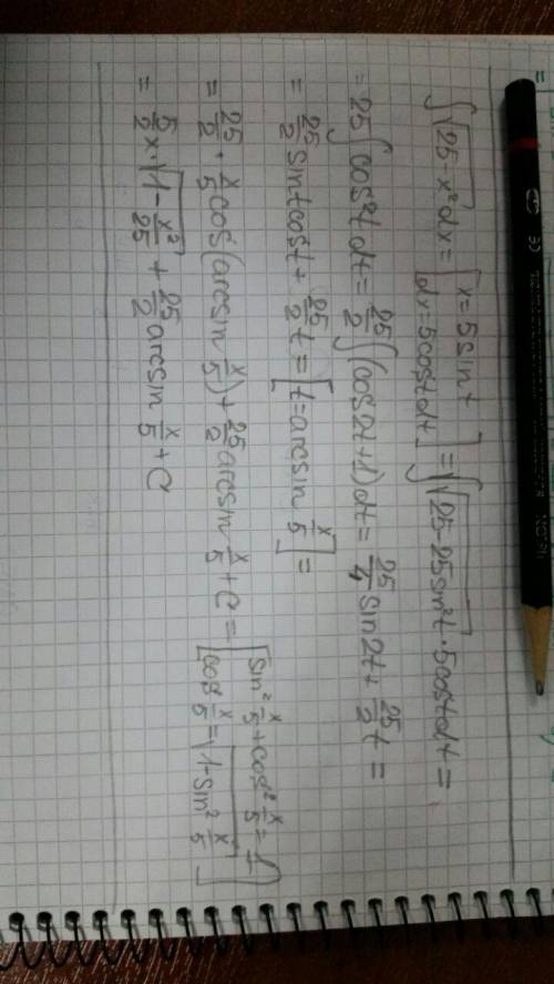 Решить интеграл с замены int sqrt(25-x^2)dx (sqrt-корень квадратный)