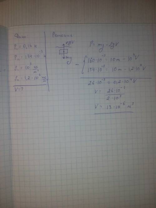 Сплошное однородное тело, будучи погруженным в воду, весит 0,16н, а в глицерин-134мн. каков будет об