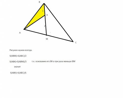 Втреугольнике abc на медиане bm взята точка k так,что bk: km=1: 2.найдите отношения площадей треугол