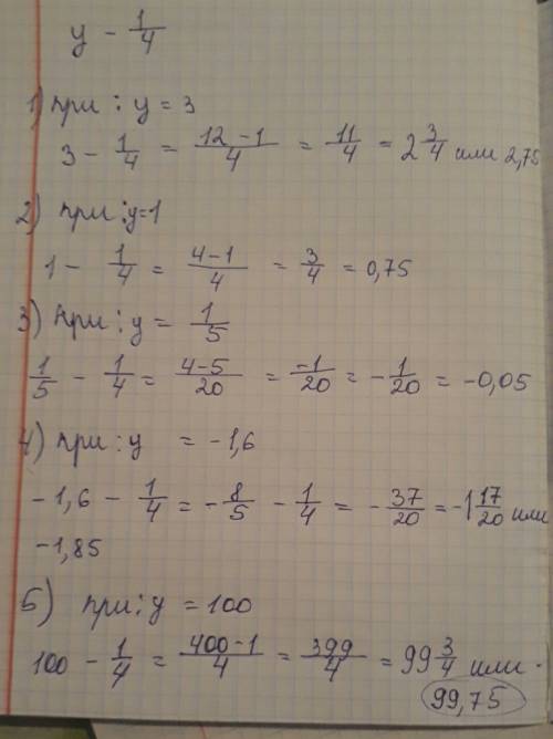 Действия с дробями. у-1/4 при у=3; ; 1; -5; 1/5; -1,6; 100