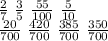 \frac{2}{7} \ \frac{3}{5} \ \frac{55}{100} \ \frac{5}{10} \\&#10; \frac{20}{700} \ \frac{420}{700} \ \frac{385}{700} \ \frac{350}{700}