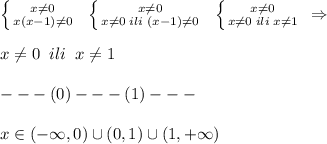 \left \{ {{x\ne 0} \atop {x(x-1)\ne 0}} \right. \; \; \left \{ {{x\ne 0} \atop {x\ne 0\; ili \; (x-1)\ne 0}} \right. \; \; \left \{ {{x\ne 0} \atop {x\ne 0\; ili\; x\ne 1}} \right. \; \Rightarrow \\\\x\ne 0\; \; ili\; \; x\ne 1\\\\---(0)---(1)---\\\\x\in (-\infty ,0)\cup (0,1)\cup (1,+\infty )