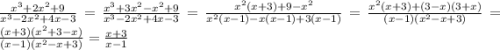 \frac{x^{3}+2 x^{2} +9 }{ x^{3}-2 x^{2}+4x-3 } = \frac{ x^{3}+3 x^{2} - x^{2} +9 }{x^{3}-2 x^{2}+4x-3}= \frac{ x^{2} (x+3)+9- x^{2} }{ x^{2} (x-1)-x(x-1)+3(x-1)}=\frac{ x^{2} (x+3)+(3-x)(3+x)}{(x-1)( x^{2} -x+3)} = \frac{(x+3)( x^{2} +3-x)}{(x-1)( x^{2} -x+3)}= \frac{x+3}{x-1}