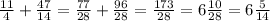 \frac{11}{4} + \frac{47}{14} = \frac{77}{28} + \frac{96}{28} = \frac{173}{28} = 6 \frac{10}{28} = 6 \frac{5}{14}