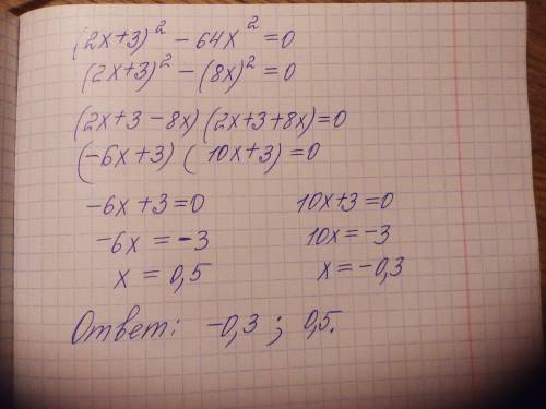 Решите уравнение (2х+3)^2-64х^2=0