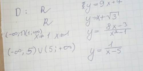 Найти d(f) y=9x+7 y=x+3 под корнем y=8x-3/x^2-1 y=1/x-5