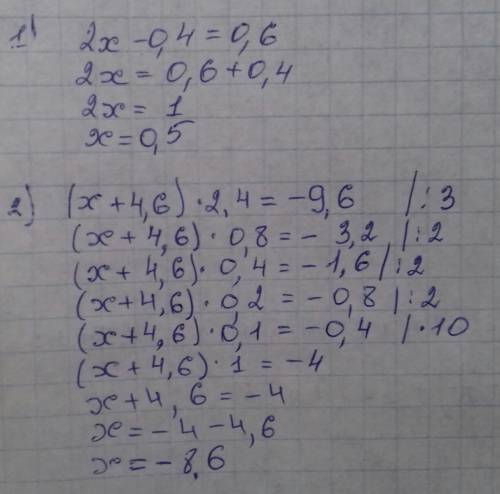 1)2х-0,4=0,6 2)(х+4,6)•2,4=-9,6 решить 100