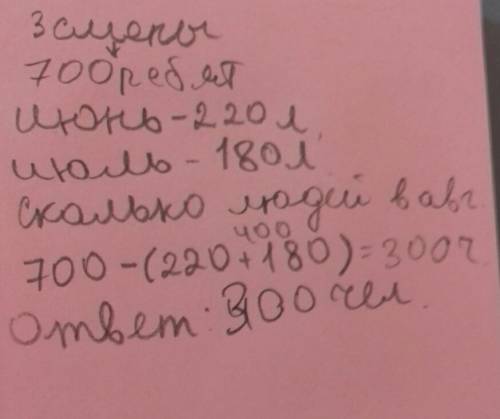 Взагородном лагере за 3 летних месяца отдохнуло 700 .из них в июне - 220 человек,а в июле - 180.пост