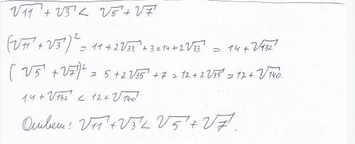 Решить надо сравнить корень 11 +корень 3 и корень 5+корень 7
